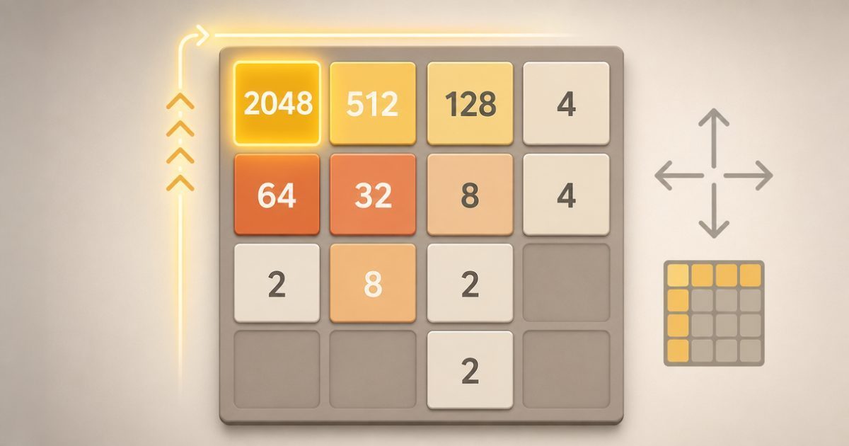 A 2048 board organized around a corner with open space for future merges.