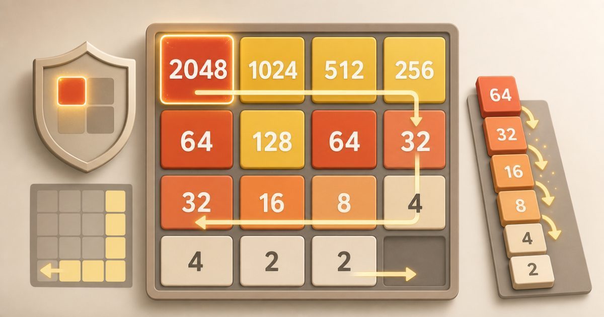 A crowded 2048 board with one safe merge highlighted.