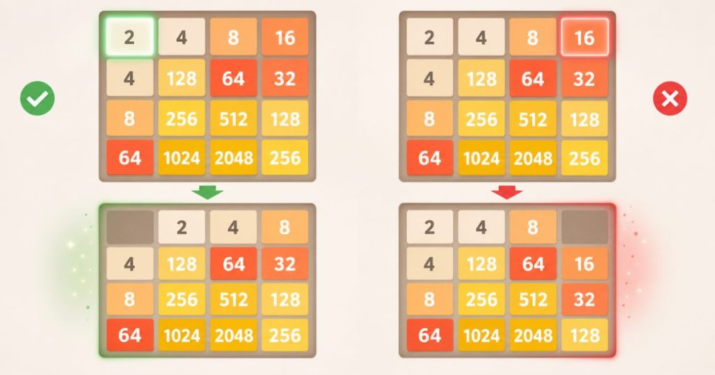 A comparison of safe and risky moves on a crowded 2048 board.