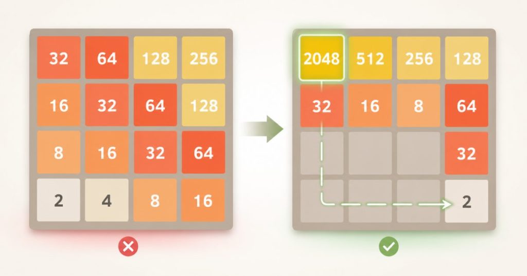 A 2048 board that shows the difference between a recoverable position and a lost one.
