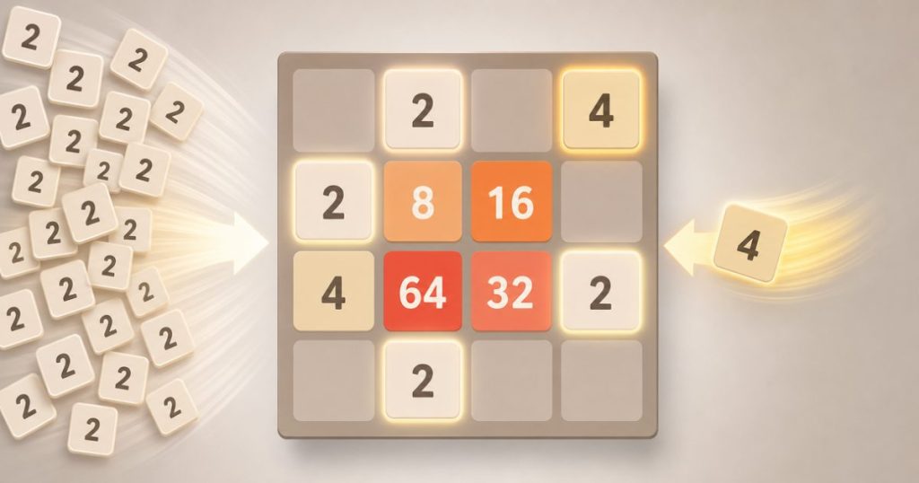 2048 board showing frequent 2 tiles and a rare 4 tile