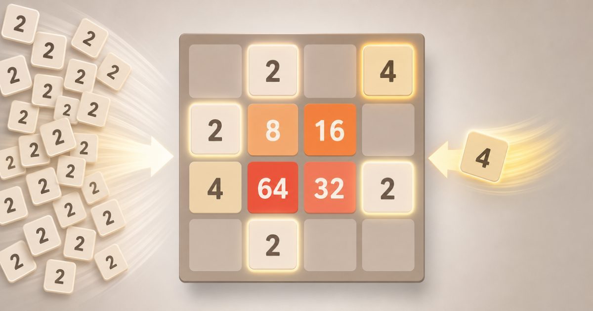 2048 board showing frequent 2 tiles and a rare 4 tile
