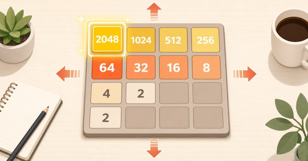 A 2048 board showing a beginner-friendly corner strategy with tiles arranged in order.