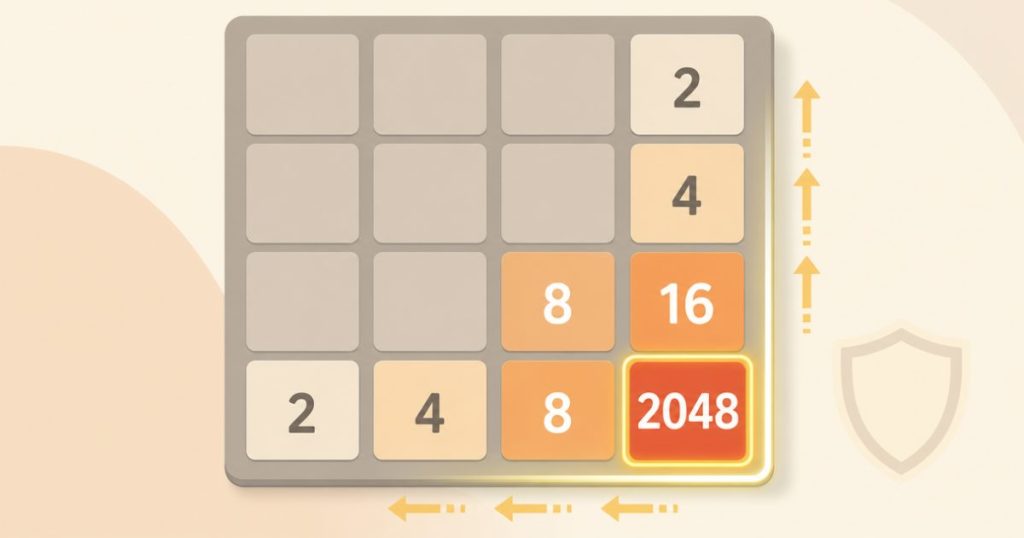 A 2048 board with the highest tile anchored in one corner.