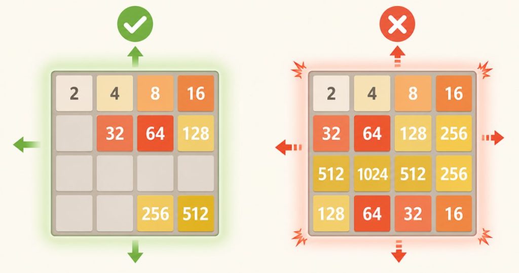 A comparison of a safe 2048 move and a risky move.