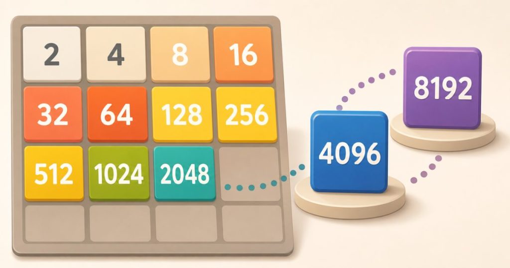 2048 tiles shown in a doubling sequence from 2 to 8192