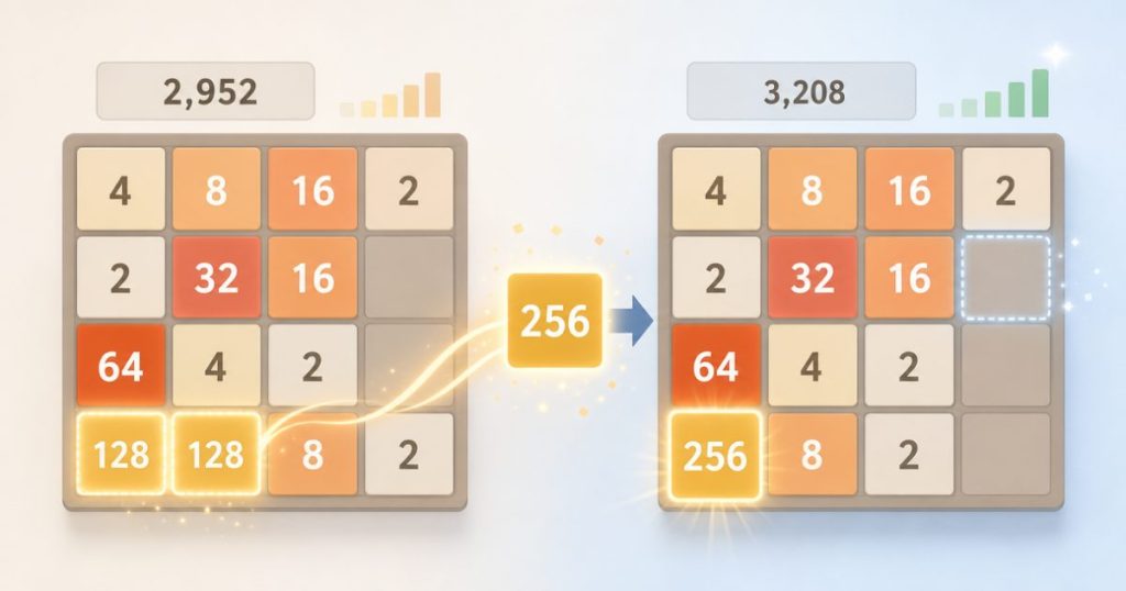 A merge in 2048 that increases score and opens space on the board