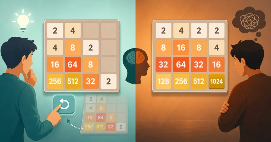 Split 2048 board showing Undo practice versus no-Undo play