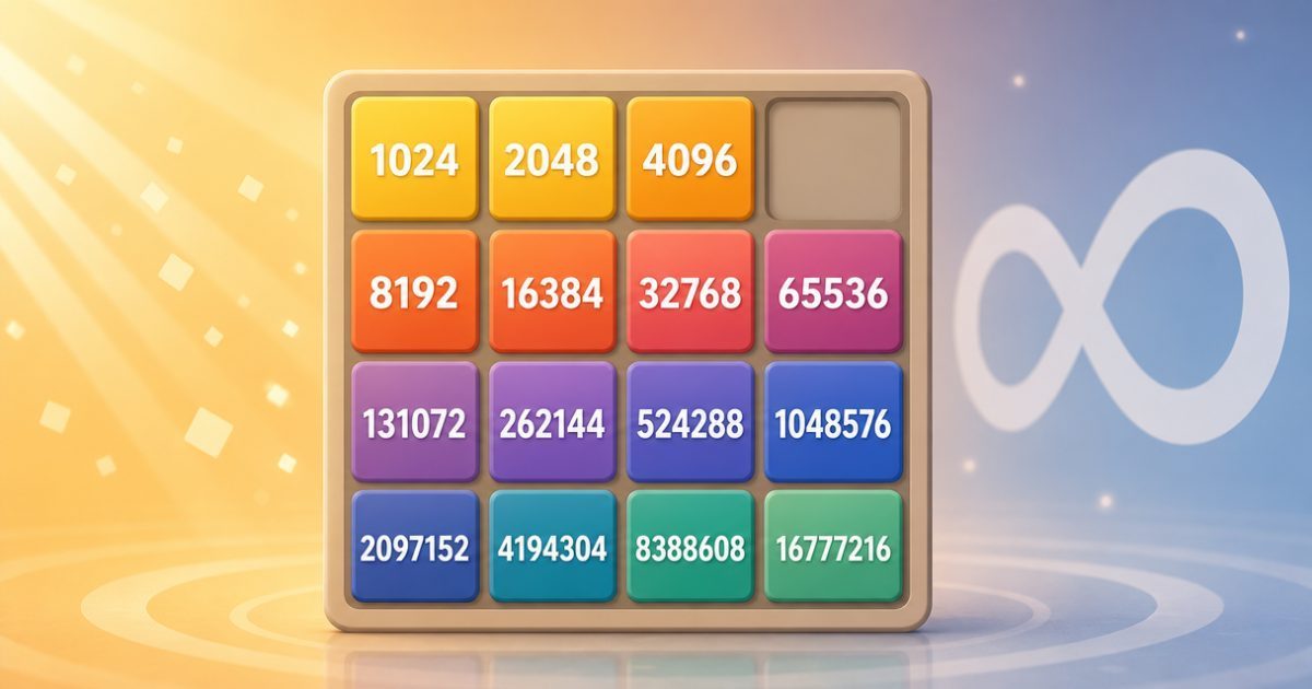 A 2048 board nearly full with a faint infinity symbol in the background