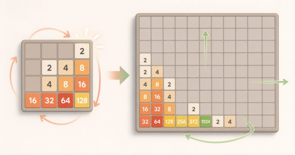 A comparison of small and large 2048 boards showing more room on the bigger grid