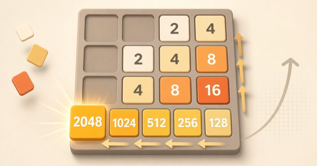 A 2048 board with the largest tile anchored in one corner and smaller tiles lined up around it