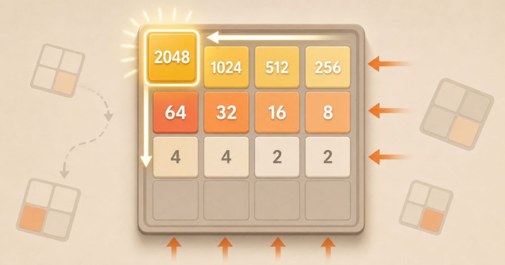 A 2048 board showing a fixed corner anchor for the highest tile