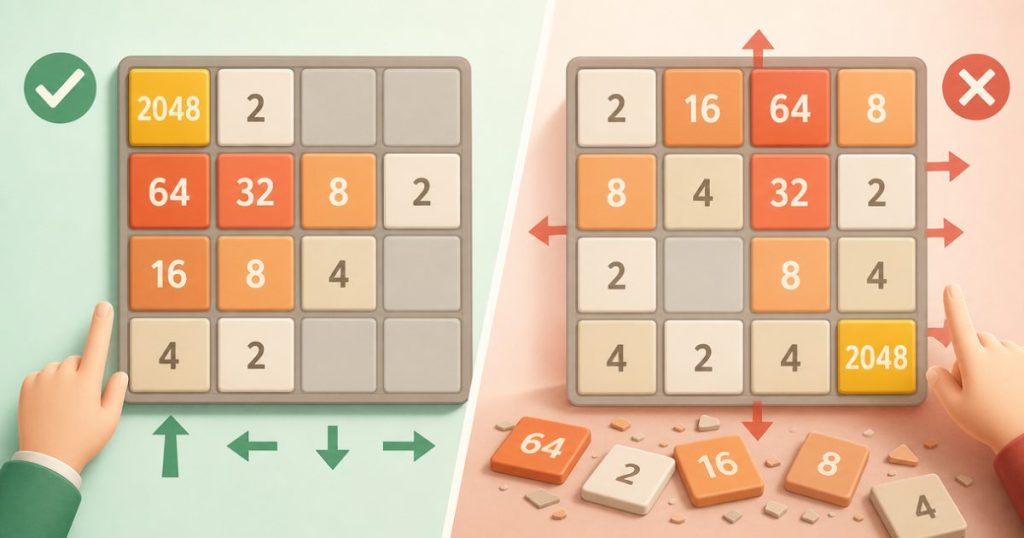 A comparison between a well-managed 2048 board and a messy one