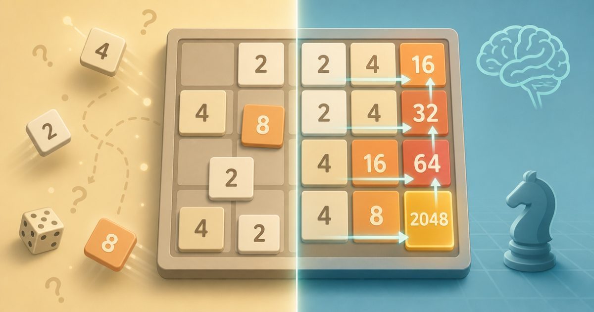 A 2048 board split between randomness and organized strategy