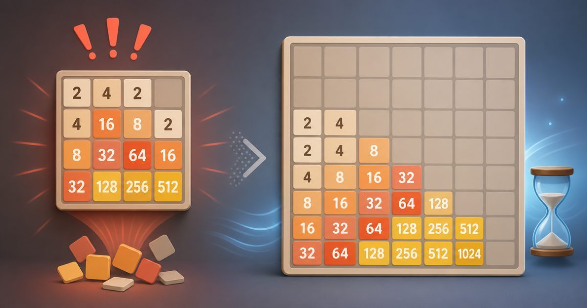 A comparison of small and large 2048 boards showing different difficulty levels