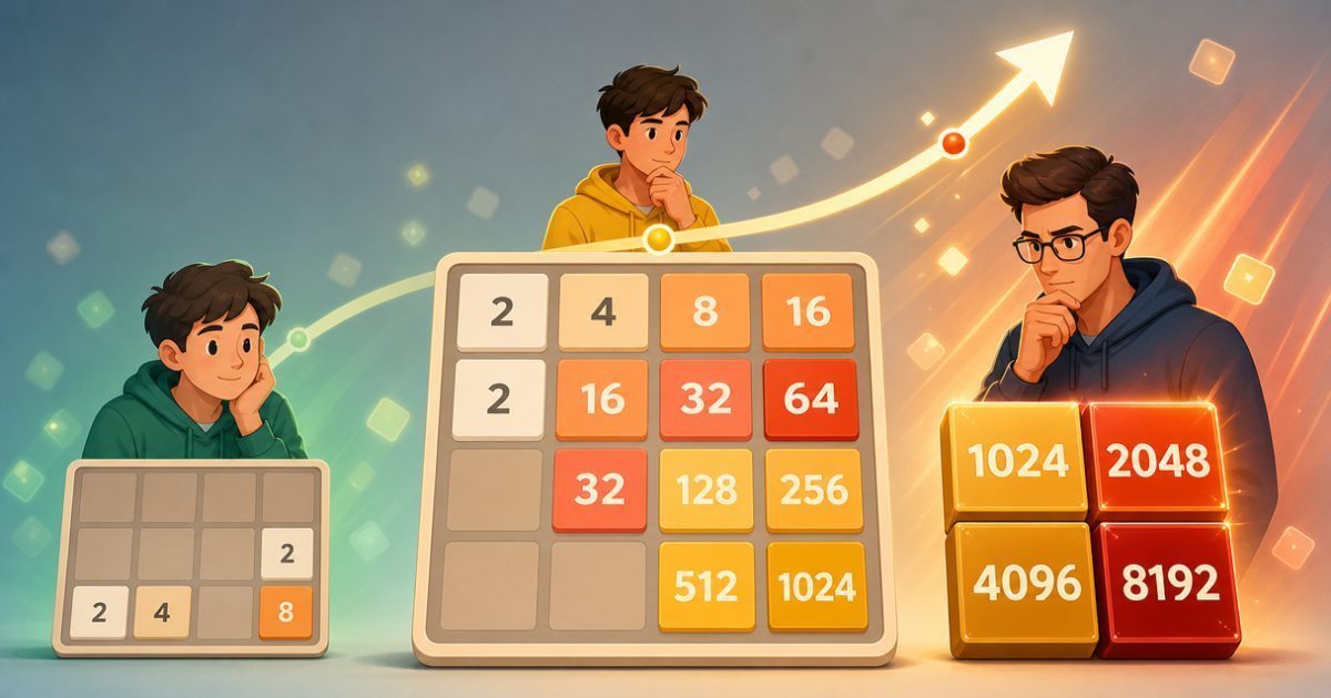 A 2048 board with merged tiles and a rising score counter