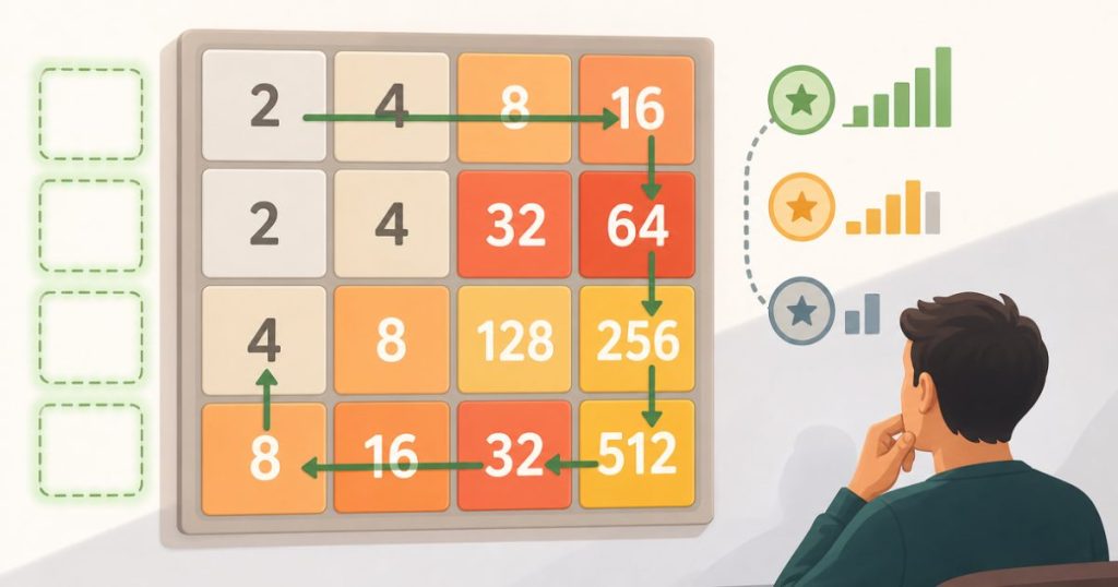A 2048 board showing corner strategy and organized tile order