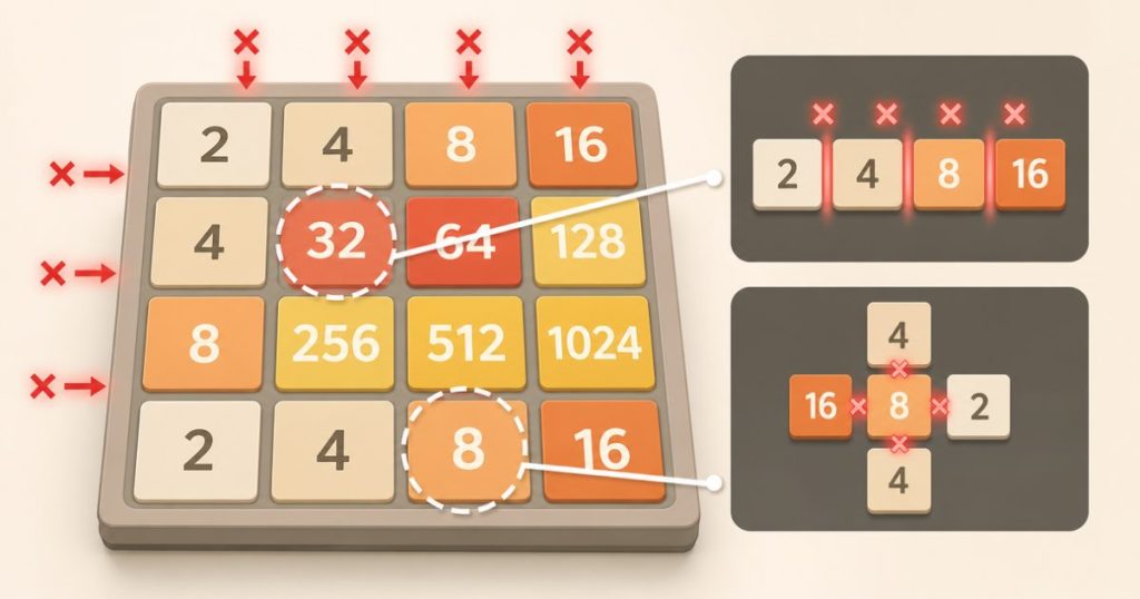 A 2048 board showing blocked merge opportunities