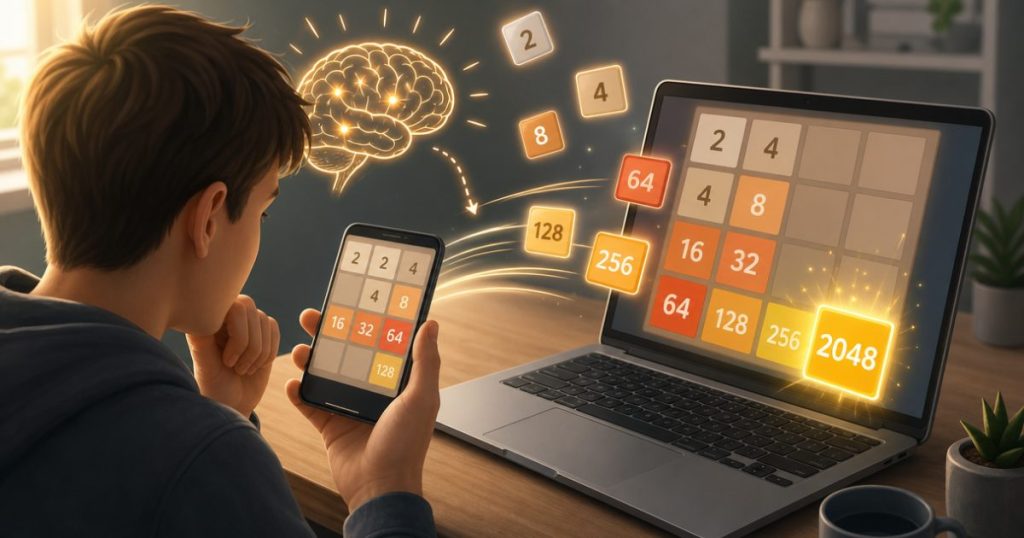A person playing 2048 with merging numbered tiles on a screen