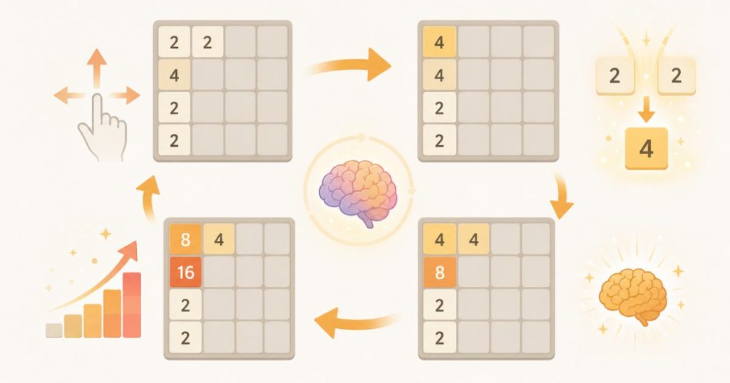 A visual loop of moving, merging, and scoring in 2048