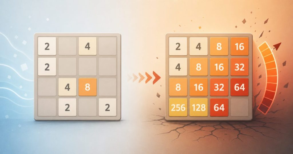 A 2048 board becoming crowded as the game gets harder